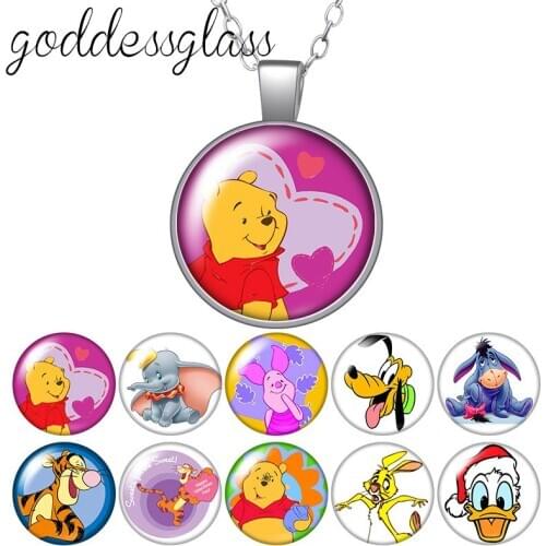 Cute Cartoon Bear Lovely elephant Dog Round Glass glass cabochon silver plated/Crystal pendant necklace jewelry for Gift