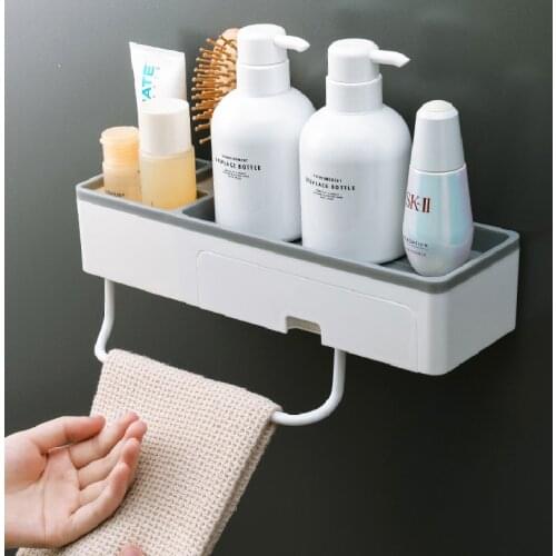 Wall Mounted Bathroom Rack Towel Hanger with Drawer Shampoo Holder Shelf Adhesive Storage Rack Organizer