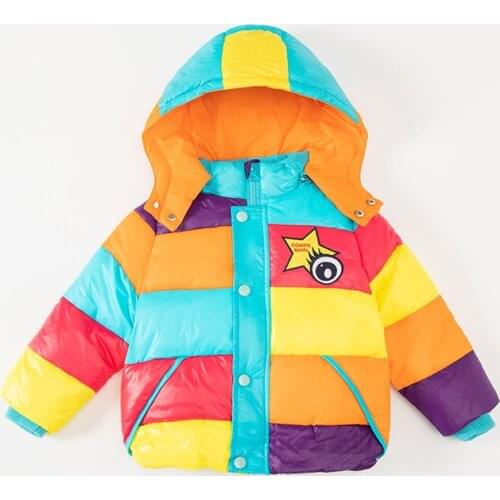 Girl clothes coat new winter girl thick down cotton rainbow stitching cotton jacket children’s outing warm outerwear casual coat