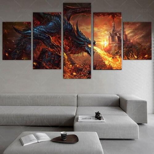5 Piece Fantasy Art Paintings Fire Dragon Poster World of Warcraft Game Poster Pictures Canvas Paintings Wall Art for Home Decor