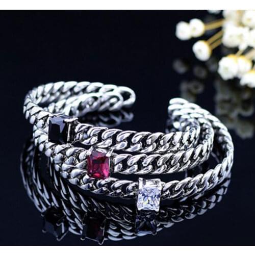POPACC 925 Sterling Silver Thai Silver Bangle Punk Zircon Rope Chian Cuff Bracelets & Bangles pulseras