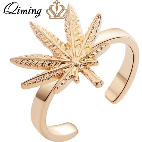 QIMINGMaple Leaf Adjustable Rings For Women Big Leaves Charm Gold fashion Vintage Autumn Minimalist Jewelry Fashion Ring Bague