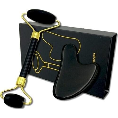 1Set Natural Black Obsidian Massage Roller Double Head Jade Facial Massager Board Manual Skin Care Tool Set Face Lifting Tool