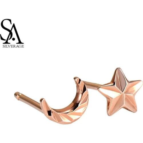 SA SILVERAGE Fine Jewelry Stars Moon Earrings 18K Rose Gold Earrings 0.65g Fashion Small Earrings Joker 2021 Love