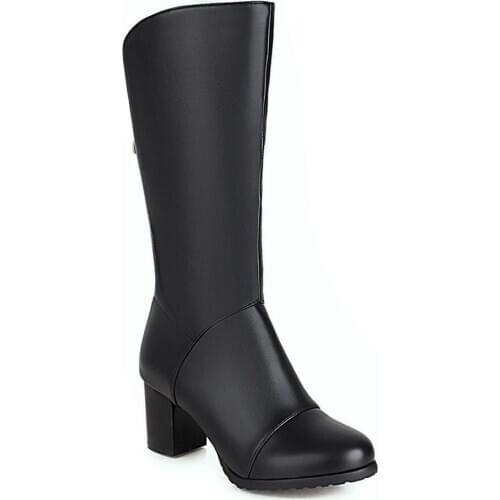 Flock High-Heeled Knight Boots V-Mouth Back Zipper PU Mid-Calf Boots Short Plush Nubuck Leather Women’S Boots