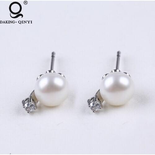 Cubic Zirconia Bridal Rhodium Jewelry Freshwater Pearl Stud Earrings