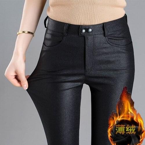 Women Pants Matt Matte Black Coating Pu Cloth Leather Pants Female High Waist Stretch Trousers Pantalones De Mujer