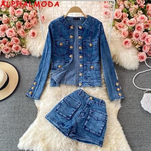 ALPHALMODA Button Details Denim Shirt + Shorts Women 2pcs Suit Long-sleeved Double Breasted Cardigan (unclosure) Hot Shorts Set