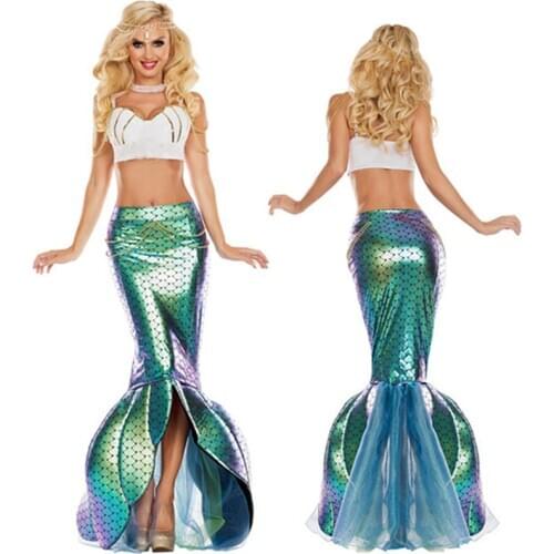 Sexy Women Mermaid Tail Costume Adults Halloween Party Masquerade Princess Mermaid Skirt + Bra Performance Dress Up C68837AD
