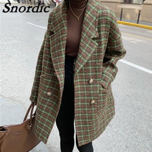 2021 Winter Thicken Green Plaid Wool Coat Women Double Breasted Quilted Coats Overcoat Female Outerwear