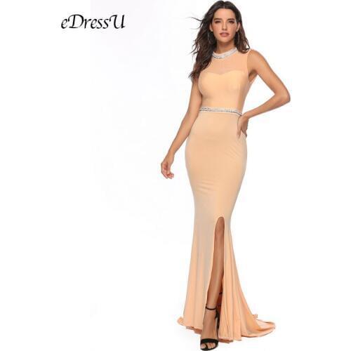 Mermaid Evening Party Dress Champagne Women Long Maxi Dress Sexy Beading Elegant Vestido de Fiesta Robe Slit Lady Dress YSM-5193