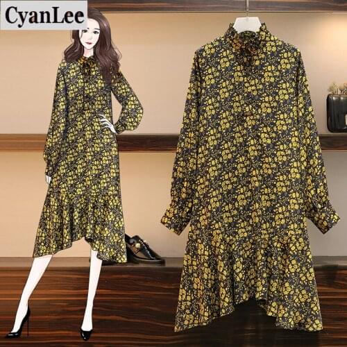Plus Size Dress Women Yellow Floral Mermaid Dress Autumn 2020 Turtleneck Long Sleeve Loose Casual Flower Print Ruffle Dresses