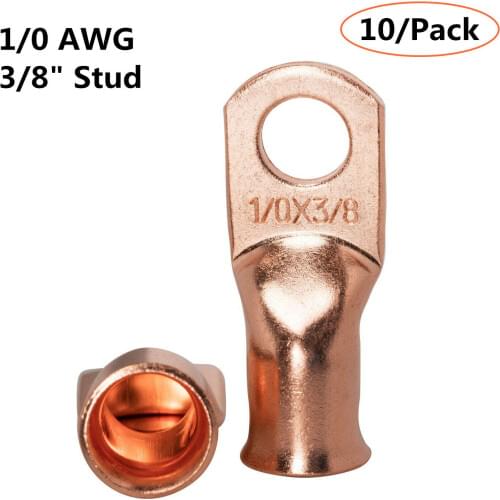 10Pcs 1/0AWG 3/8" Electrical Wire Ring Connectors Copper Tube Lug Battery Cable Welding Crimp Terminals Uninsulated Kit