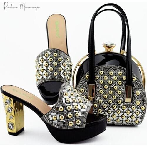 2020 Black Color Hot Selling Italian Design Lastest African Nigerian Party Ladies Shoes and Bag Set Decorated With Metal