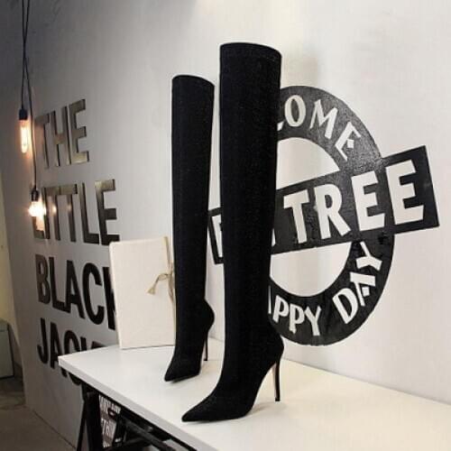 2021 Fashion Womens Shiny Knee High Boots Keep Warm Casual Female Pointed Toe Thigh High Women Boots Party Lady Heels Boots
