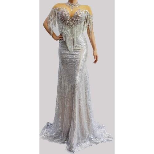 2020 New Design Super Sparkly Rhinestone Long Dress Sexy Silver Glisten Crystals Costume Evening Birthday Celebrate Dress Wear