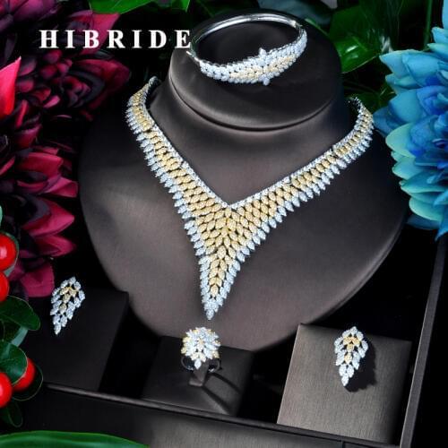 HIBRIDE Trendy Design Double Tone Plated Cubic Zircon Necklace Bangle Jewelry Set Women Dress Jewelry Set For Party Gifts N-845