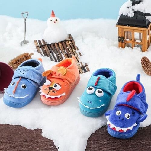 New Autumn Winter Boys Cotton Home Shoes Children Cute Dinosaur Floor Slippers Kids Anti-Slip Shoes Indoor Plush Warm Slippers