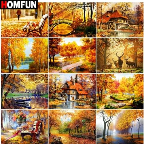 HOMFUN Rhinestone Painting Crystal Decor Diy Diamond Painting "Autumn leaves landsca" 3D Cross Stitch Pattern Diamond Embroidery