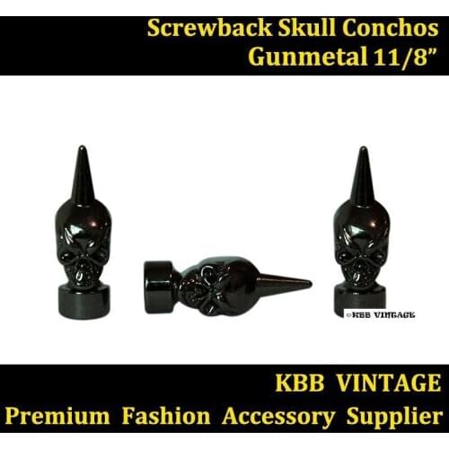 KBM08) 50pc 1-1/8'' Western Skull Concho Skull Spikes Metal Concho Screwback Gunmetal