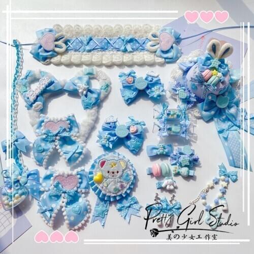 Cute Bow Bear Hair Band Hairpin Brooch Cosplay Sweet Soft Girl Kawaii Top Hat Side Clip Headdress Dream Princess Blue Lolita
