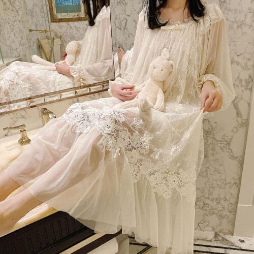 Cute Womens Princess Dress Royal Style Flower Lace Sleepshirts.Vintage Ladies Girls Gauze Nightgown Nightdress Home Sleepwear