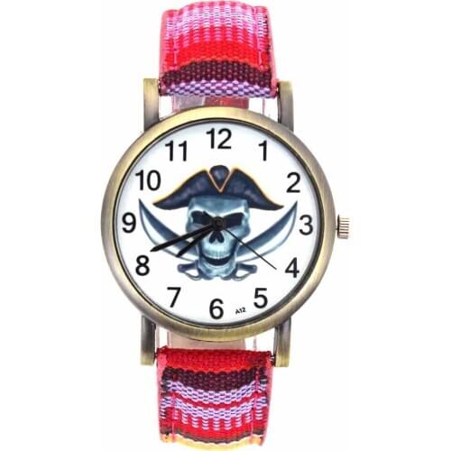 Sea Pirate Skull Skeleton Fashion Men Women Stripes Denim Cloth Canvas Band Sport Quartz Watch