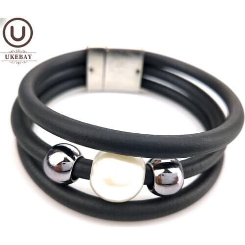 UKEBAY New Alloy Bead Charm Bracelets Women Handmade JJewelry Elasticity Soft Rubber Meterial White Pearl Accessories Bracelet