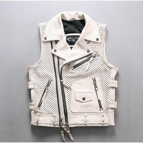 New Top Mens Mesh Breathable Cowskin Oblique Zippper Slim Fit Thick Genuine Leather Motorcycle Large Size Vest Coats