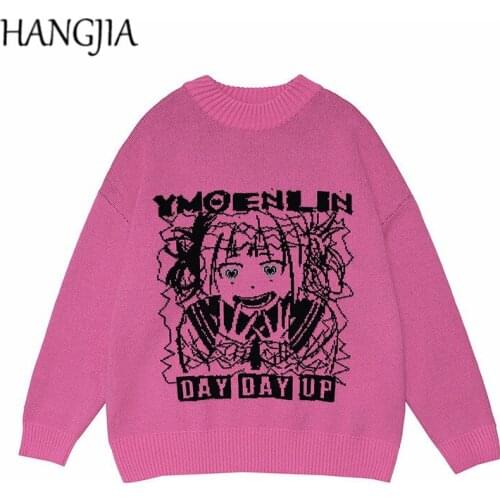 Harajuku Autumn Winter Fashionable Funny Cartoon Girl Print Knitted Sweater for Women Loose Casual Pullover Sweater Oversized