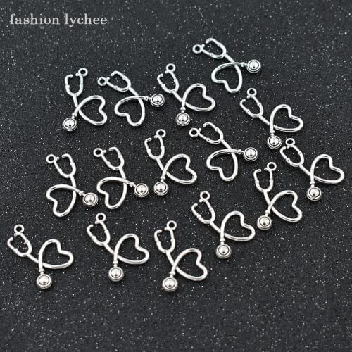 Fashion lychee 15pcs Creative Love Heart Charms Doctors Stethoscope Tibetan Silver Beads Pendants For Jewelry Making