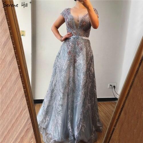 Grey V-Neck Sleeveless Luxury Long Prom Dresses 2020 Sequined Crystal A-Line Prom Gowns Design Serene Hill BLA70226
