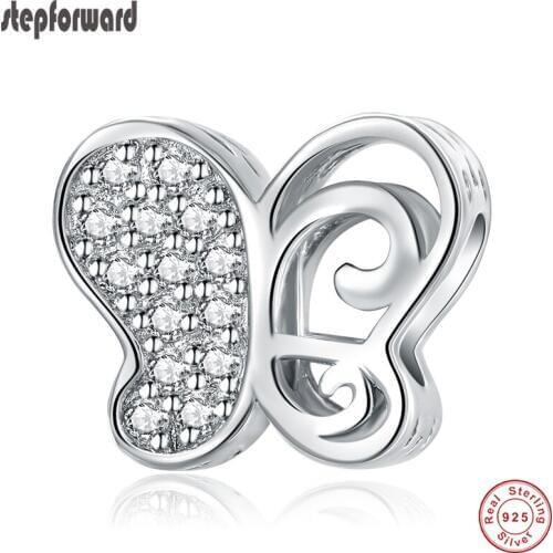 STEP FORWARD Authentic 925 Sterling Silver Butterfly Bead Charms Fit Bracelets Women Hollow Out Crystal Beads For Jewelry Making