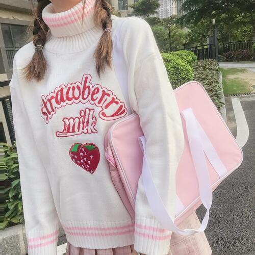 Cute Strawberry Embroidered Loose Sweater Womens Sweaters Japanese Kawaii Ulzzang Female Korean Harajuku Clothing For Women