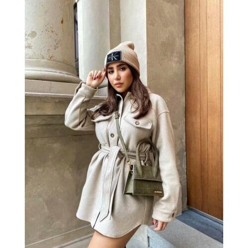 Thick loose mid-length shirt POLO collar waist belt woolen jacket women European and American style casual jacket