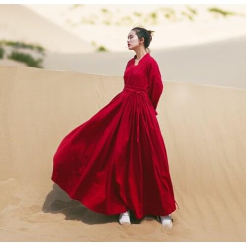 Spring Original Design Autumn Women Vintage Chinese Style Hanfu Long Sleeve Big Swing Cotton Linen Red Dresses