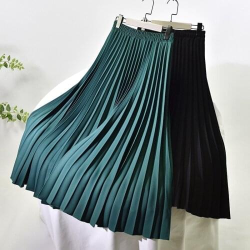 A-Line Skirts for Suits Saias 2021 Spring Womens Elegant Solid Color Midi Long Skirt Korean High Waist Pleated Thick Slim