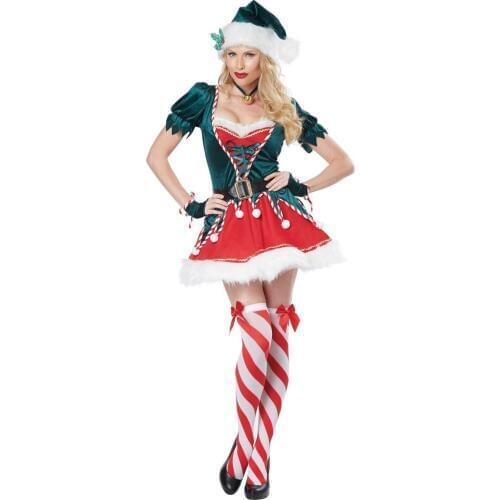 5pc/Set Green Velvet Christmas Dress Adult Women Santa Claus Xmas Costume Outfit Top+Skirt+Belt +Hat +Gloves