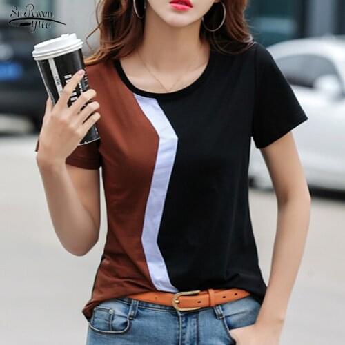 Spring Summer Color Stitching Fashion T-shirt Simple Casual Short Sleeve Womans Shirts Round Neck Office Ladys Top Female 3189