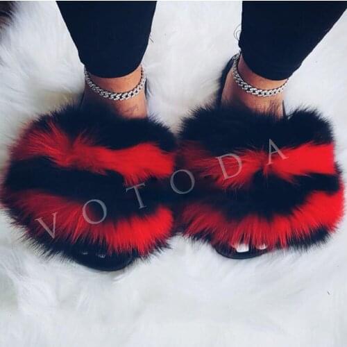 New Arrivals Women Fur Slippers Summer Woman Fluffy Fox Fur Slides Lady Furry Raccoon Fur Flip Flop Female Real Fur Flat Sandals