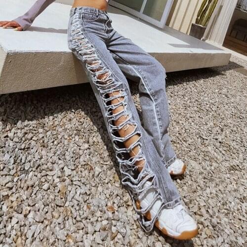 Free Shipping Runway Designer Hip Hop Ripped Jeans Women Casual High Waist Wide Leg Denim Pants Hollow Out Side