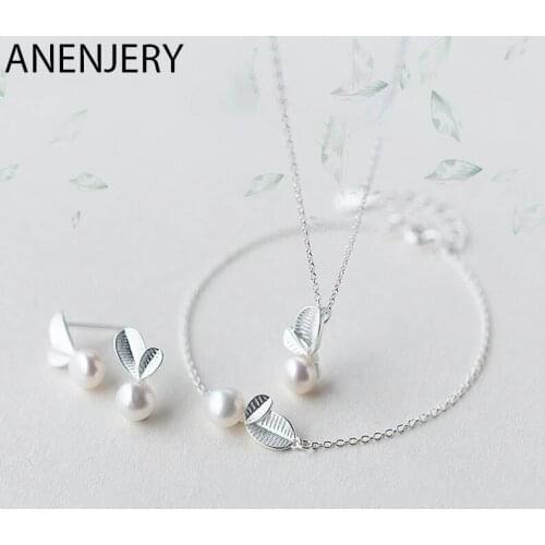 925 Sterling Silver Sweet Bud Leaf Simulated Pearl Necklace+Earrings+Bracelet For Women Jewelry Sets Korean Jewelry