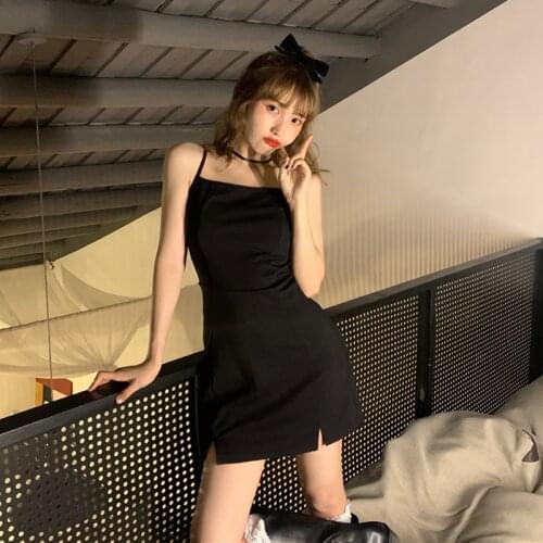 Spring Korean version 2021 new A-line design sense irregular solid color split sling small black dress womens dress