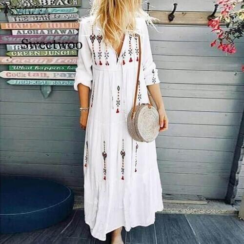 2020 Fashion Maxi Dress Womens Sundress Autumn V Neck Bohemian Printed Vestidos Female Long Sleeve Lace Up Robe