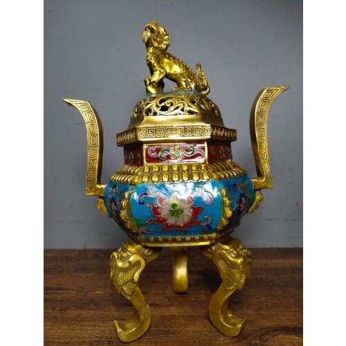 11" Tibet Buddhism Temple Old Bronze Cloisonne Dragon head three-legged gluttonous pattern double ear lion cover incense burner