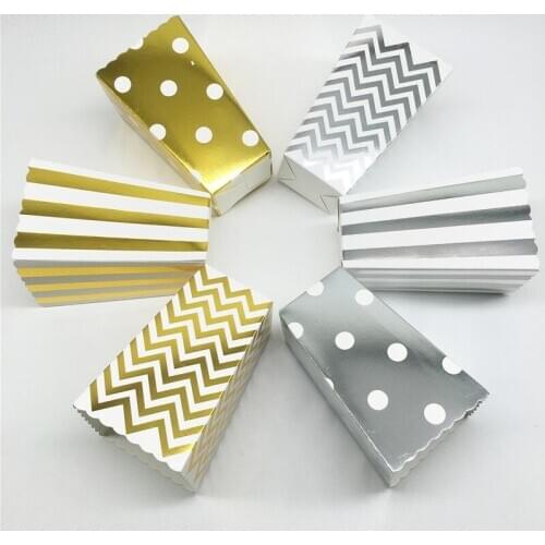 12pcs Gold Silver Stripe Dot Popcorn Box Birthday Party Decor Supply Snack Packaging Candy Boxes Wedding Party Supplies