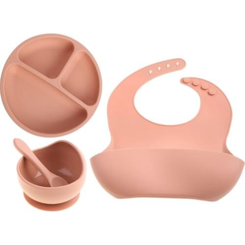 4PCS/set Baby Feeding Tableware Food Grade Silicone Bowl Bib Plate Spoon Silicone Feeding Set BPA Free D0AF