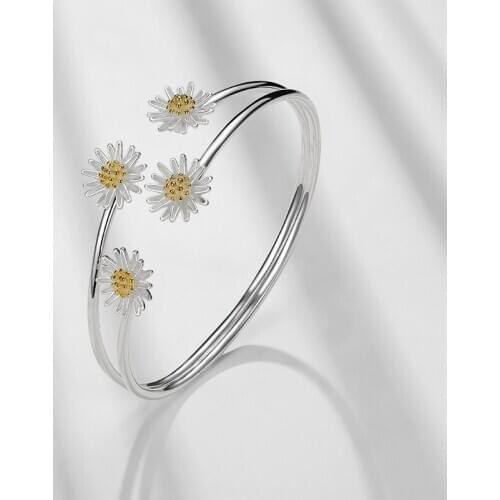 Exquisite Daisy Bangles For Women Birthday Present Open Size 925 Silver Bangle Girl Fashion Jewelry Party Accessories KOFSAC