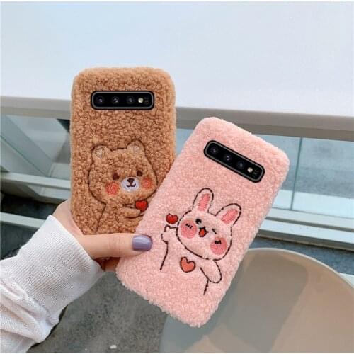 Cute Bear Rabbit Fluffy Plush Fur Case For Samsung Galaxy A50 A70 A12 A02S A71 A51 A21S A72 A52 A42 A32 S21 A02 Soft Cover Capa
