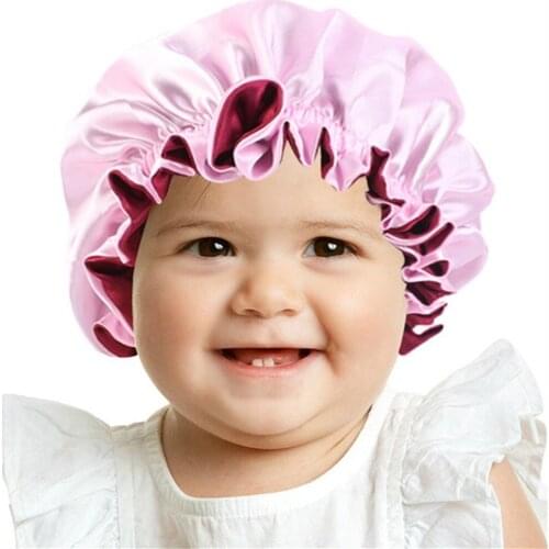 Baby Elastic Band Sleep Cap Silky Satin Bonnet Double Layer Girl Night Turban Children Solid Headwear Cute Hat
